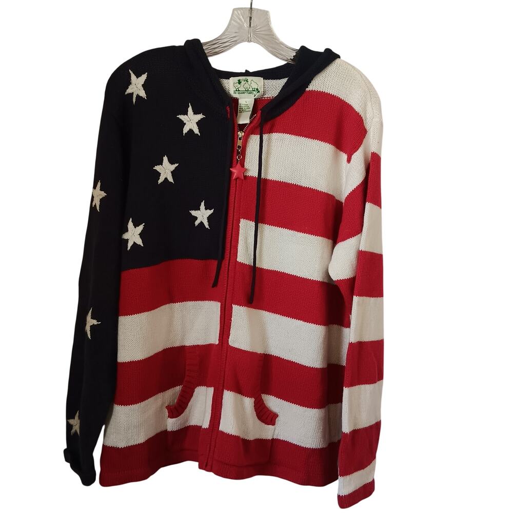 The Quacker Factory Patriotic Flag Hooded Cardigan L Red White Blue Ramie Cotton